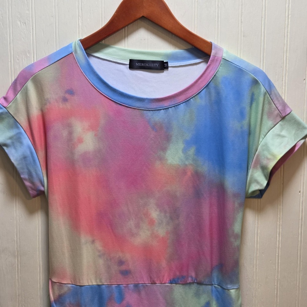 MEROKEETY Dress Womens Medium Multicolor Tie Dye Short Sleeve T-Shirt Pockets